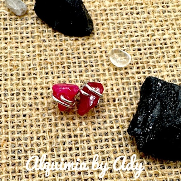 Raw Red ruby confetti silver statement studs earrings valentines gift idea - Picture 1 of 2